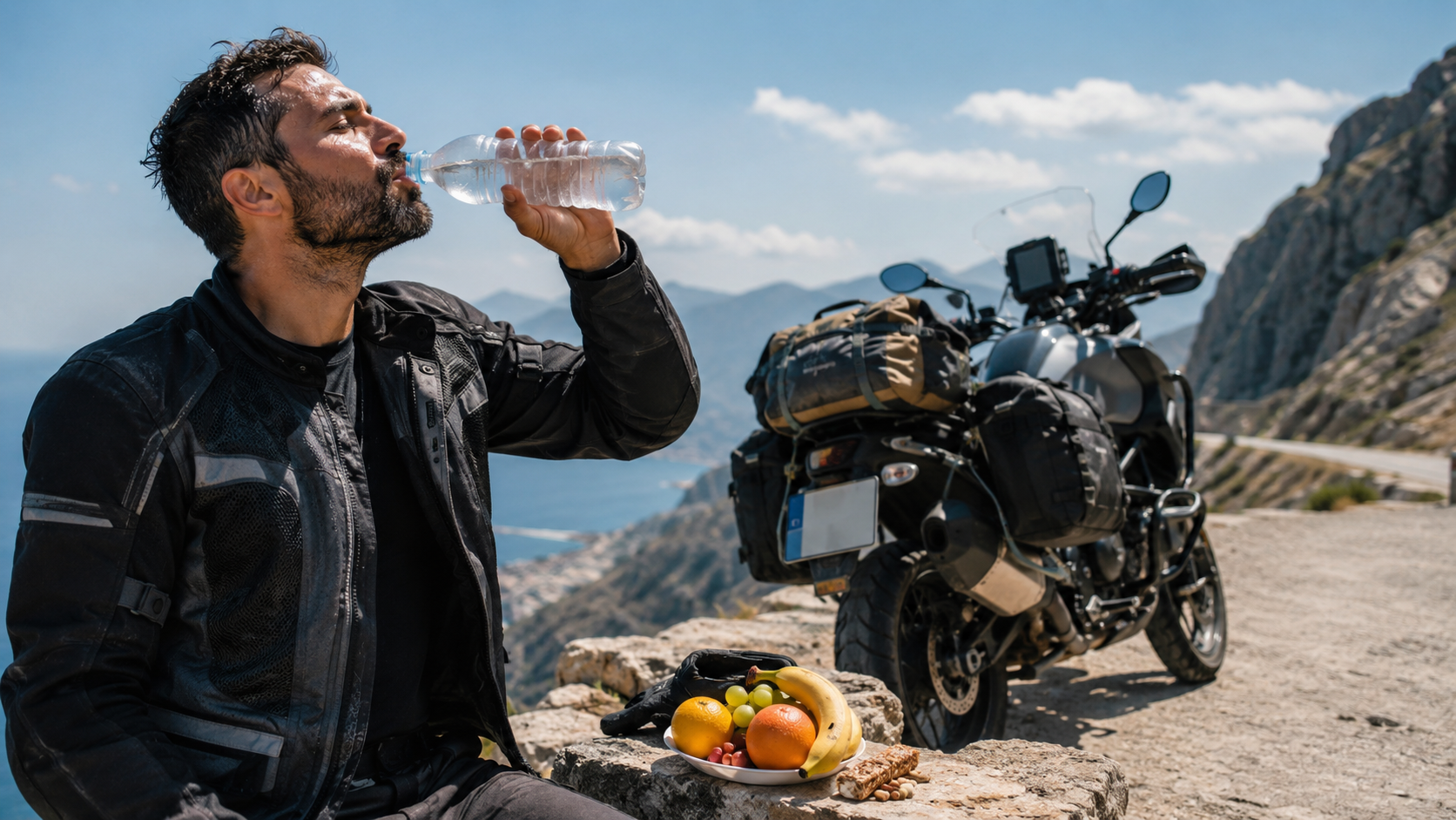 Biker uống nước và chuẩn bị trái cây khi dừng nghỉ trên đường dài