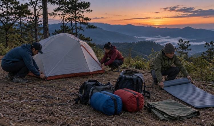 Lều, túi ngủ và tấm lót cần thiết cho chuyến leo núi qua đêm