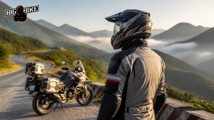 Biker đội mũ bảo hiểm đi phượt trên cung đường đèo