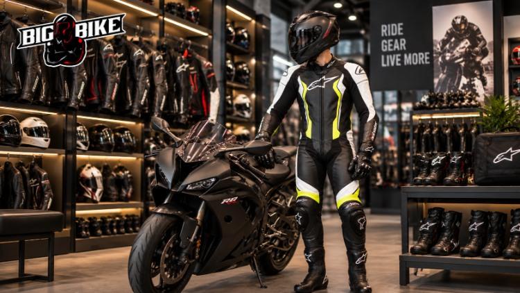 Biker mặc đồ bảo hộ da đứng cạnh sport bike trong cửa hàng đồ moto