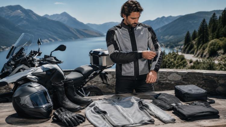 Biker chuẩn bị mũ bảo hiểm, áo giáp, găng tay và giày bảo hộ trước chuyến đi