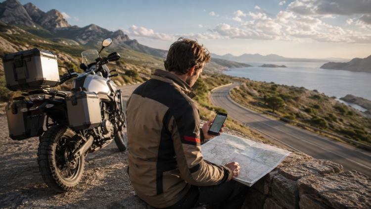 Biker kiểm tra bản đồ và điện thoại trước khi chạy xe đường dài
