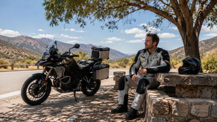 Biker nghỉ dưới bóng cây bên cạnh xe moto trên cung đường dài