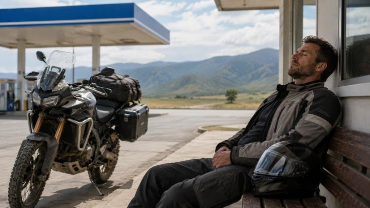 Biker nghỉ ngắn tại trạm dừng bên cạnh xe moto đường dài