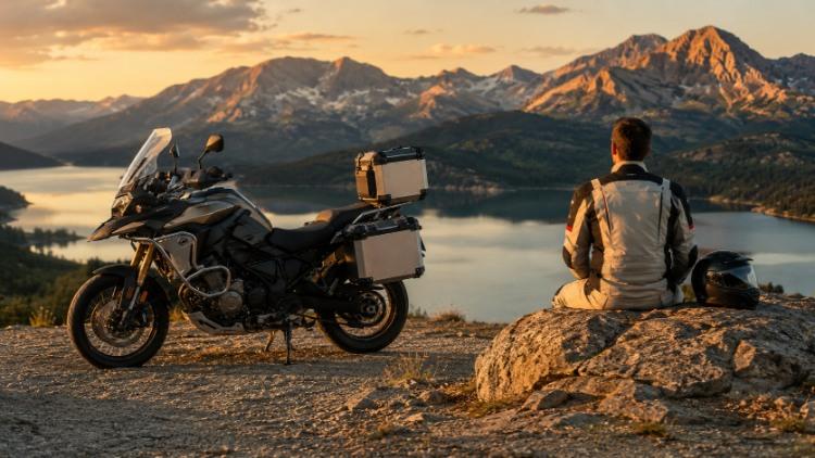 Biker ngồi thư giãn bên xe moto và ngắm cảnh hoàng hôn trên núi
