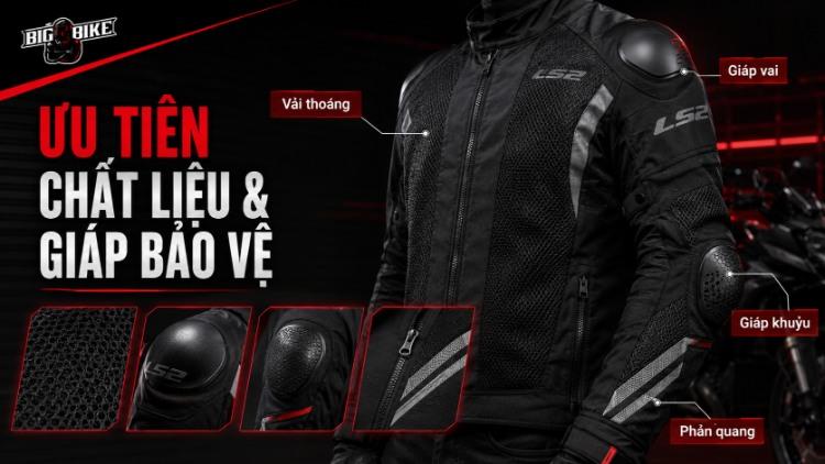 Cận cảnh áo bảo hộ moto có vải thoáng, giáp vai, giáp khuỷu và phản quang